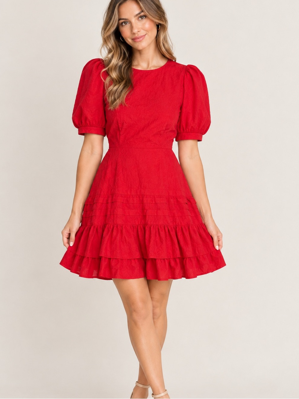 Idem ditto red puff sleeve tiered ruffle dress lace up back size Small